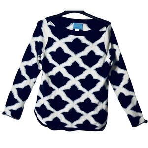 Islefield Cashmere Sweater Womens Size L White Blue Geometric Pullover Boat Neck